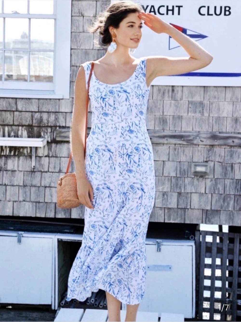 Kiel James Patrick Linen & Cotton Blue and White Nautical Chinoiserie Dress, 0 - Picture 9 of 9